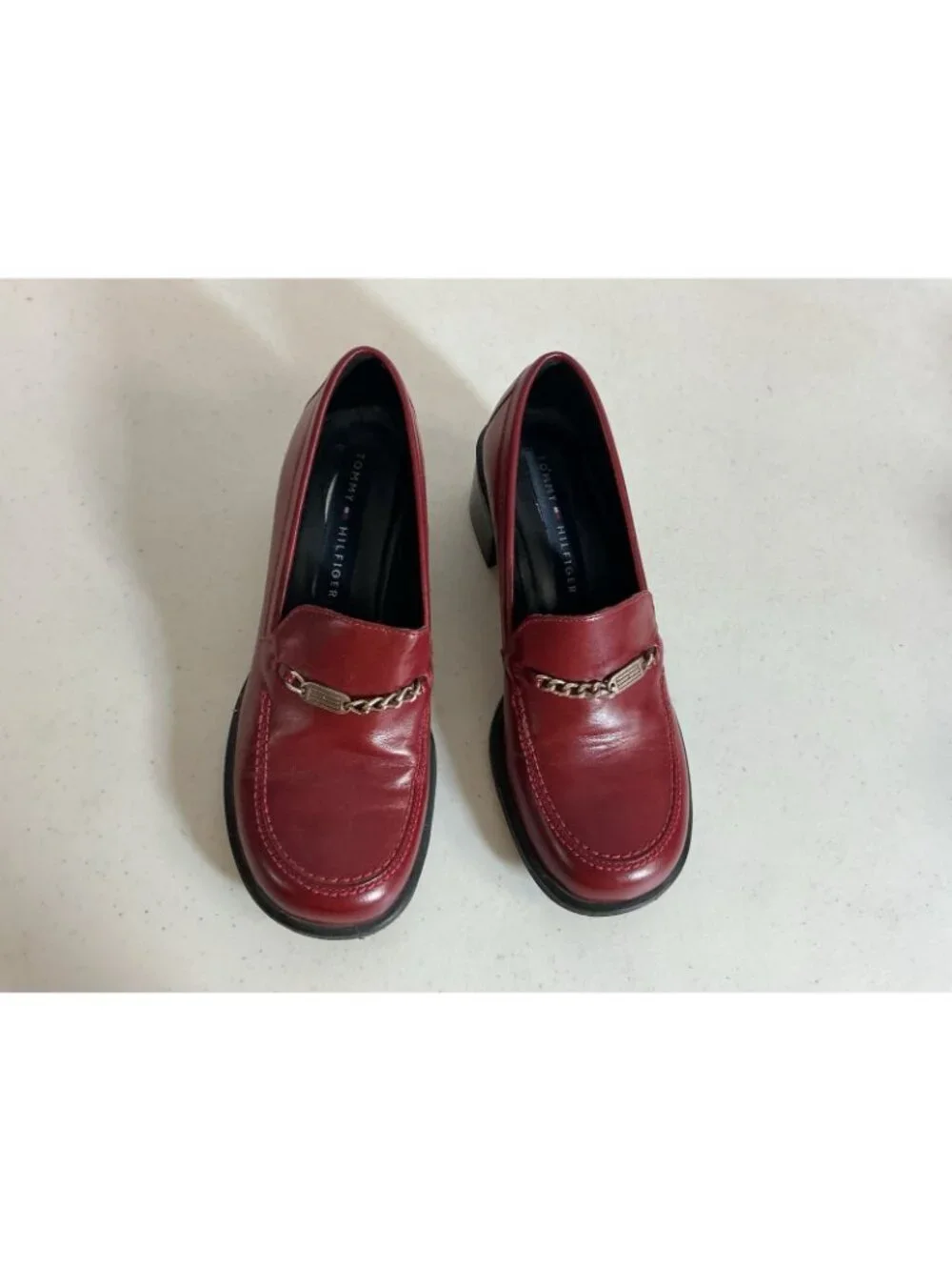 Tommy Hilfiger Red Leather Chunky Heel Loafers Y2K Square Toe Womens 6
